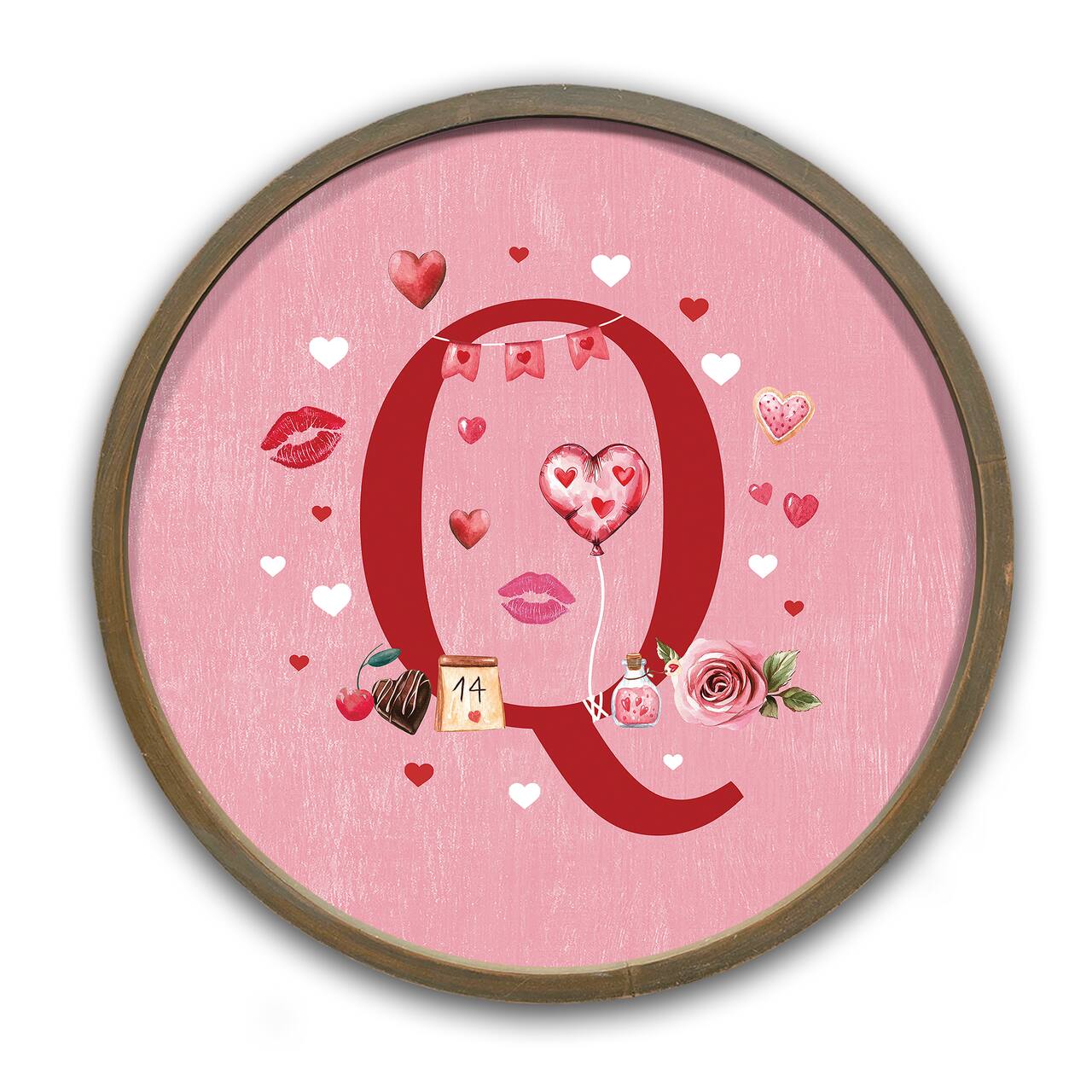 Valentine Things Monogram Round Brown Framed Print